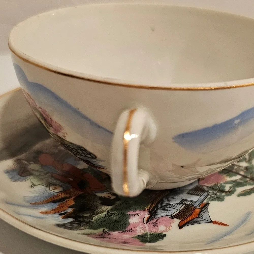 Vintage Japanese Lithophane Porcelain Tea Cup Saucer Set 4 Geisha Pagoda Gold